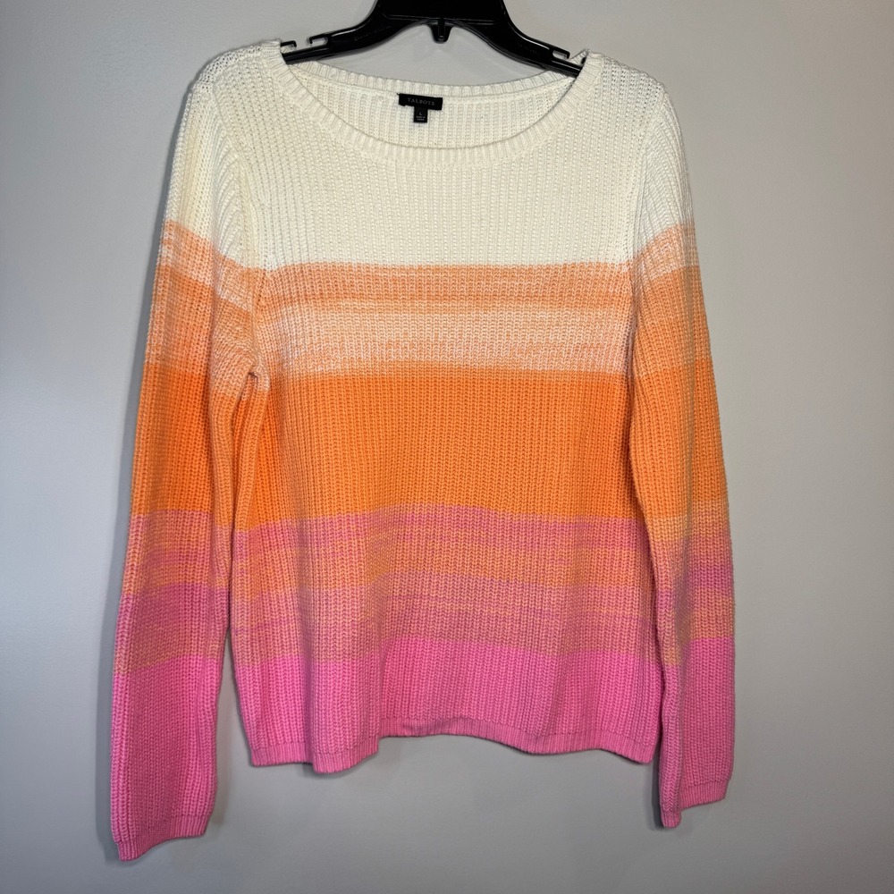 Talbots Crew Neck Sweater Women's Large Ombre Striped Pink White Knit Boho‎ Chic